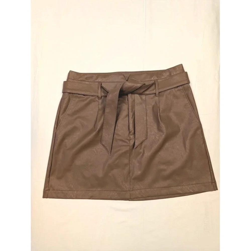 PAIGE Blanka Vegan Leather Mini Skirt Brown Paperbag‎ Tie Waist Medium